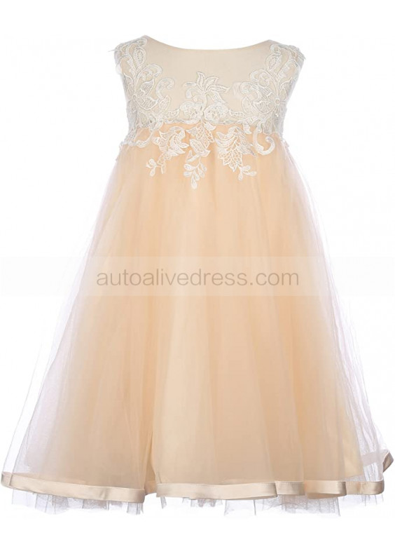 Ivory Lace Champagne Tulle Slit Back Boho Beach Flower Girl Dress